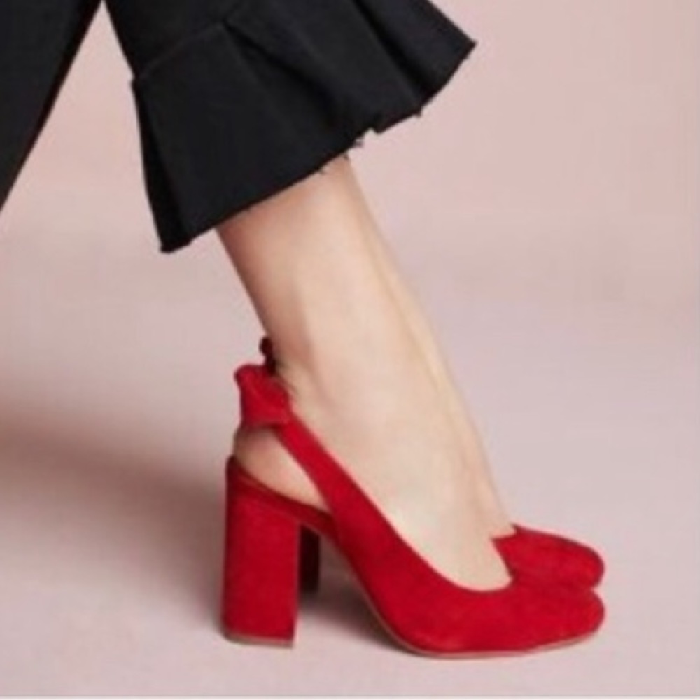 ANTHROPOLOGIE- TIED BACK HEELS, RED, 9